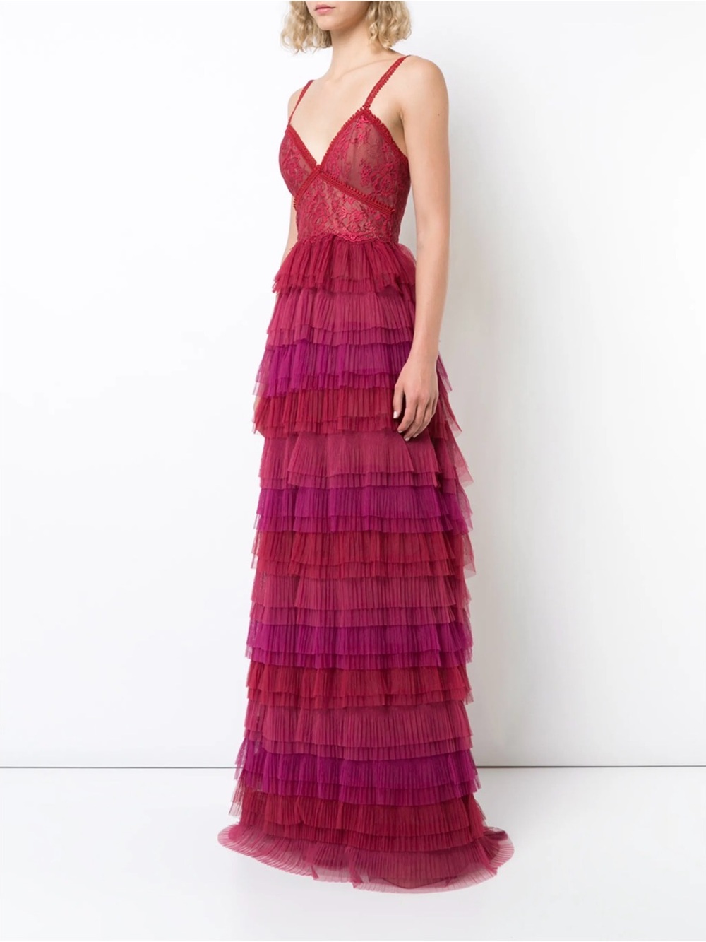 MARCHESA NOTTE Tulle Ruffled Evening Maxi Dress Berry Sz 4 - Picture 2 of 9